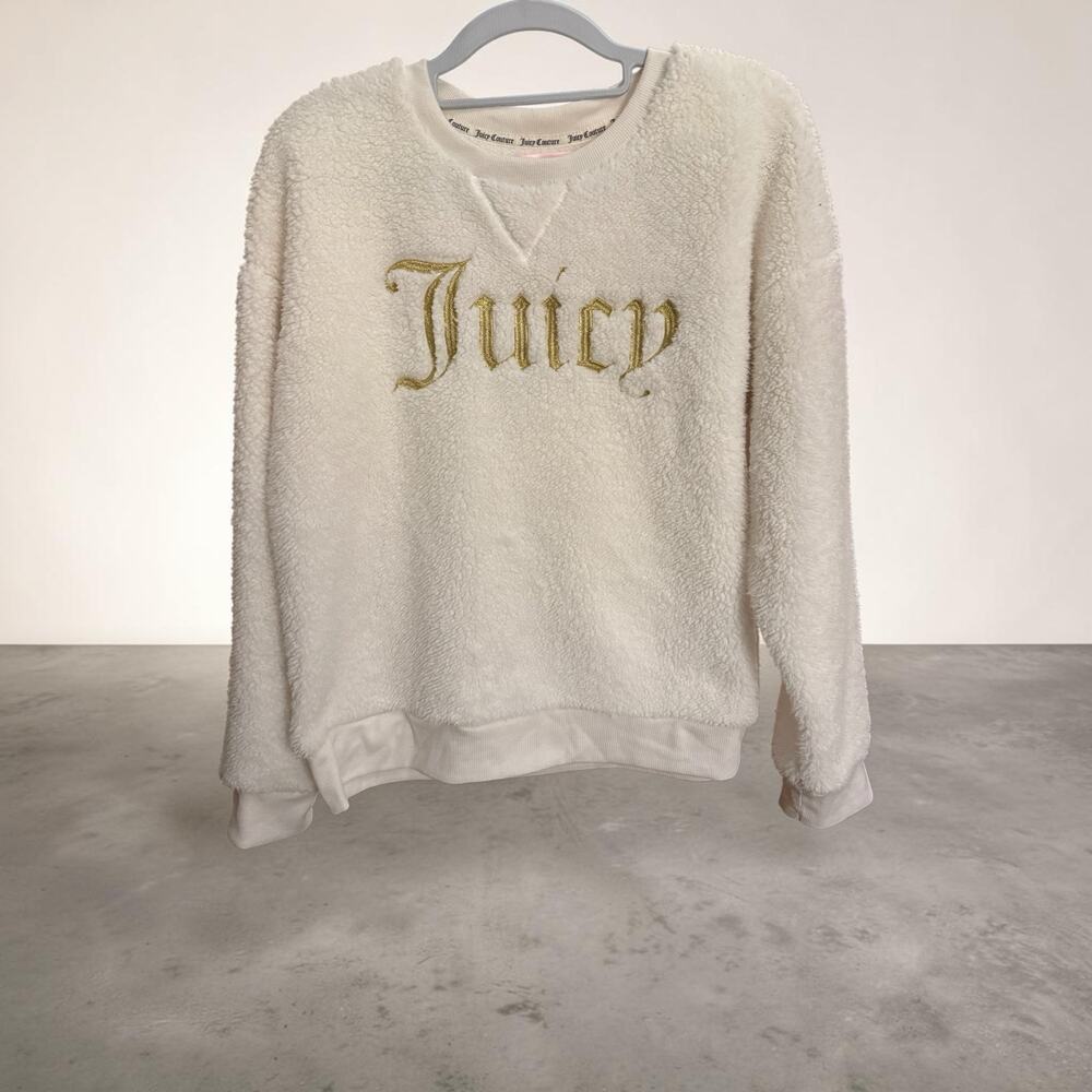 Juicy Couture Sleepwear M White Sherpa Fleece Pullover Gold Logo Y2K